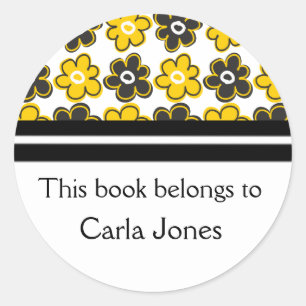 Sticker Rond Plaques de livre personnalisées Fleurs Jaunes Noir