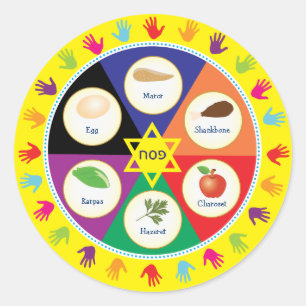 Sticker Rond Plat coloré de Seder de pâque d'enfants de mains
