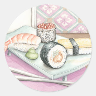 Sticker Rond Plat des sushi assortis avec des baguettes