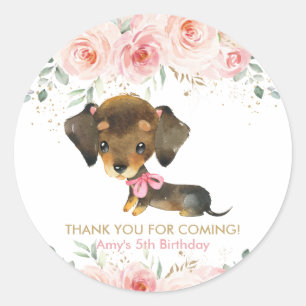 Sticker Rond Plat floral rose roux mou Dachshund Chien coquelic