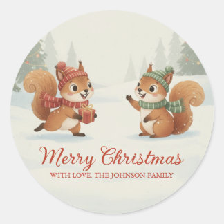 Sticker Rond Playful Squirrels in Christmas Winter Forest