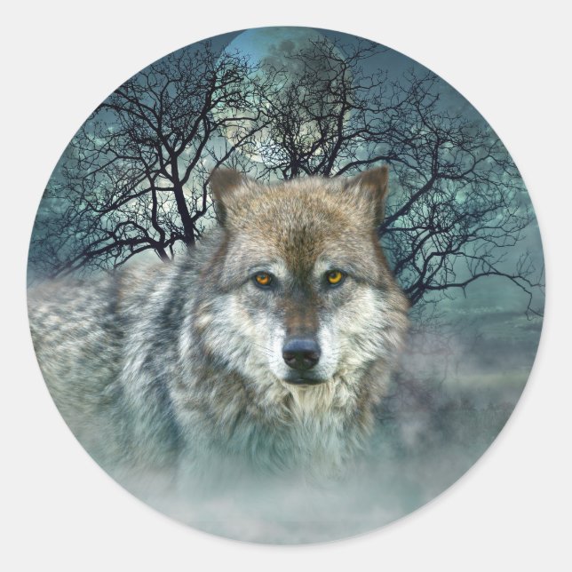Sticker Rond Pleine lune de loup dans le brouillard (Devant)