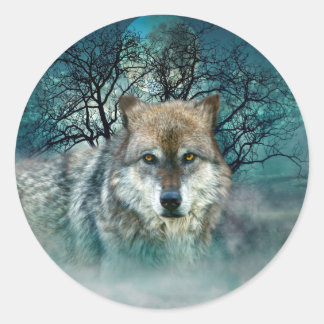 Sticker Rond Pleine lune de loup dans le brouillard