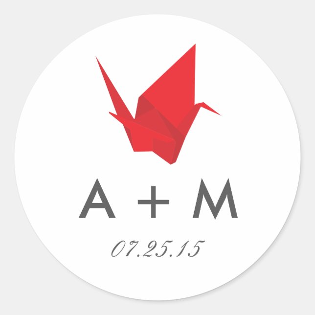 Sticker Rond Pliage de grues en origami Monogramme de mariage (Devant)
