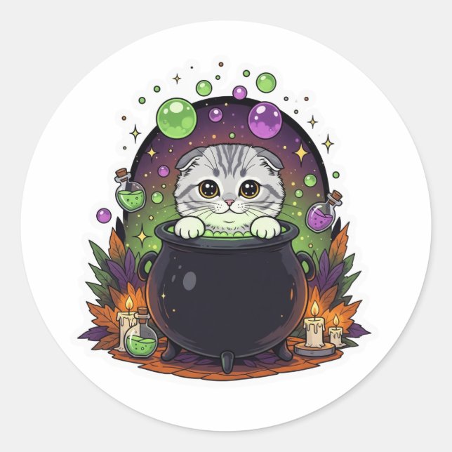 Sticker Rond Plier Cauldron - Jolie sorcière écossaise Plier Ha (Devant)