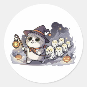 Sticker Rond Plier de parade fantôme - Scottish Fold Cat Leadin