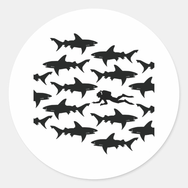 Sticker Rond Plongée plongée nage avec une école de requins (Devant)