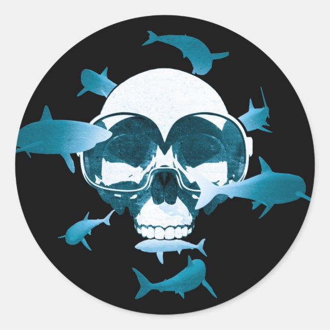 Sticker Rond Plongée sous-marine Crâne et requins Design graphi (Devant)
