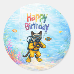 Sticker Rond Plongeur en scaphandre Chat Anniversaire thème sou