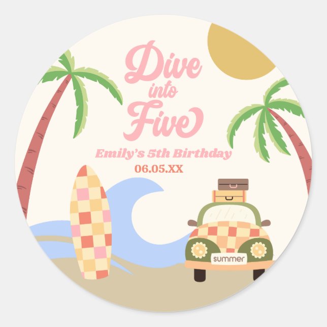 Sticker Rond Plongez dans cinq Surfs Pink 5e anniversaire fête (Devant)