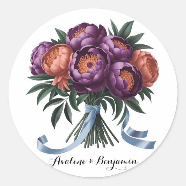 Sticker Rond Plum et orange Aquarelle Peony Bouquet Mariage (Devant)
