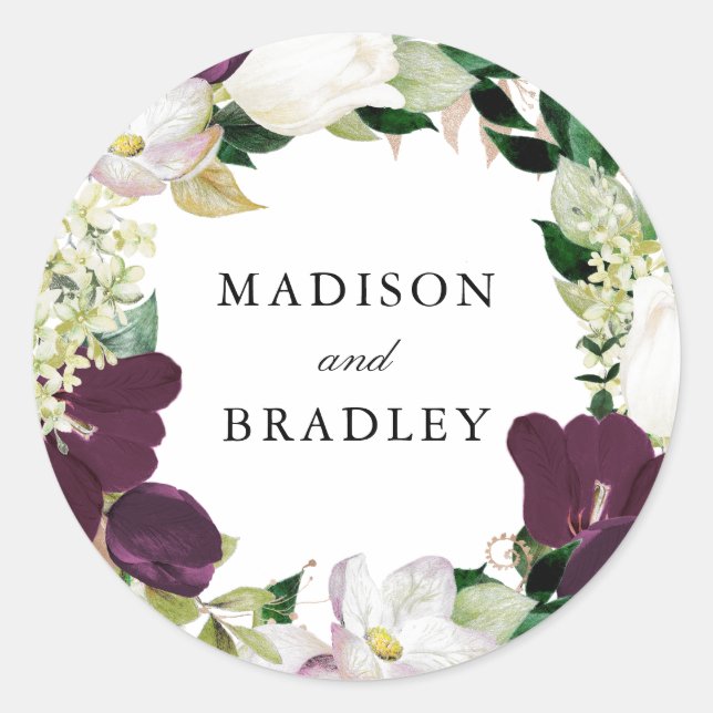 Sticker Rond Plum floral foncé | Mariage personnalisé (Devant)