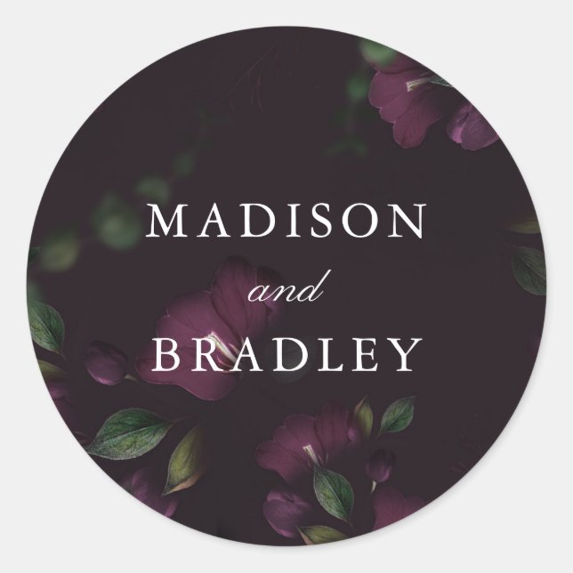 Sticker Rond Plum floral foncé | Mariage personnalisé (Devant)