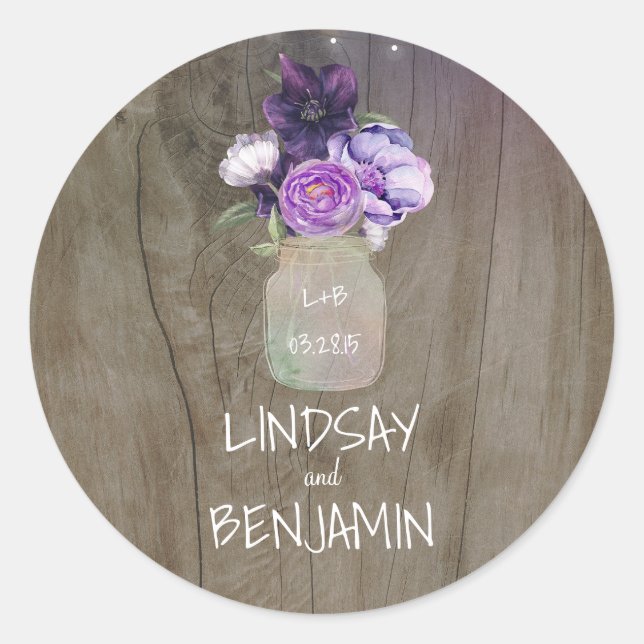 Sticker Rond Plum Lilac Fleurs Mason Jar Mariage rustique (Devant)