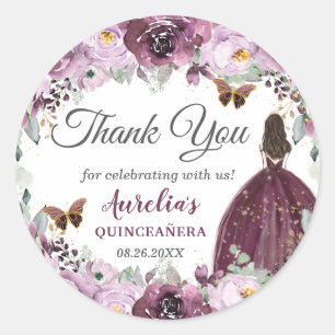 Sticker Rond Plum Mauve Floral Papillons Princesse Favoriser