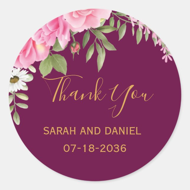 Sticker Rond Plum Romance avec roses roses Mariage Merci (Devant)