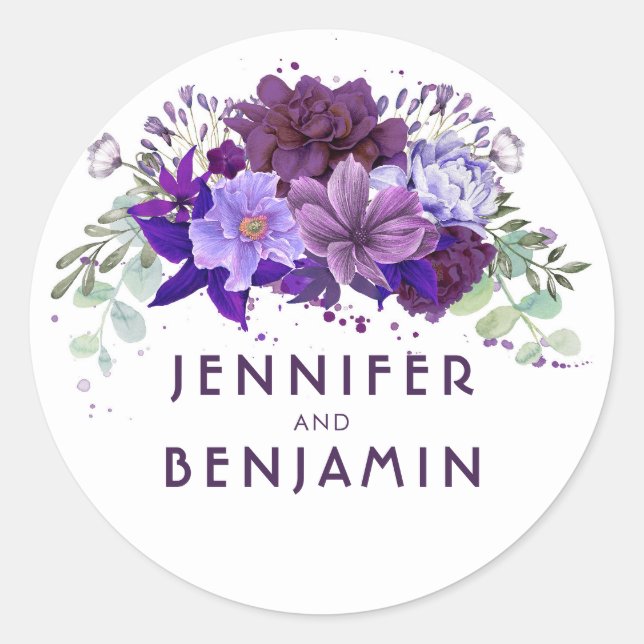 Sticker Rond Plum violet et lavande Mariage floral (Devant)