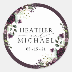 Sticker Rond Plum violet mauve Floral Aquarelle Script Mariage