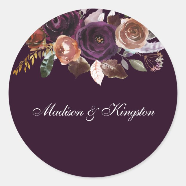 Sticker Rond Plum violet Pêche Bourgogne Fleurs Mariage Nom (Devant)