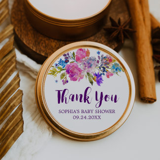 Sticker Rond Plum violet rose et bleu Fleurs Merci Favoriser