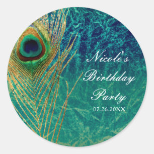 Sticker Rond Plume de Paon Bleu Sarcelle Or Exotique Favori Per