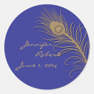 Sticker Rond Plume de paon dans l'or et la marine Enveloppe Sea