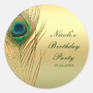 Sticker Rond Plume de paon or exotique boho chic faveur personn