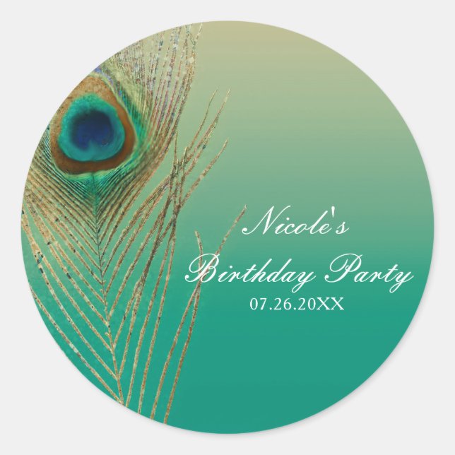 Sticker Rond Plume de paon Sable et sarcelle Boho Faveur de fêt (Devant)