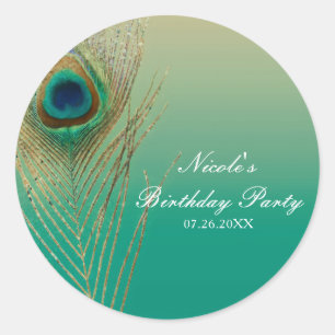 Sticker Rond Plume de paon Sable et sarcelle Boho Faveur de fêt