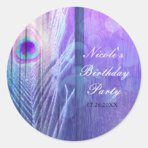 Sticker Rond Plume de paon violet Glam Boho Cadeau de fête