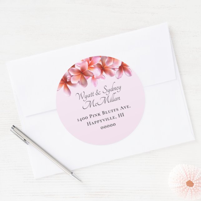 Sticker Rond Plumeria rose Nom et adresse Enveloppe Sceau (Enveloppe)