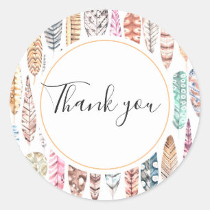 Sticker Rond Plumes aquarelle motif boho. Merci