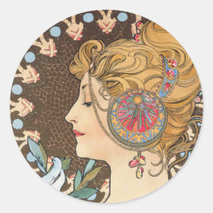 Sticker Rond Plumes d'Alphonse Mucha - Art Nouveau Vintage