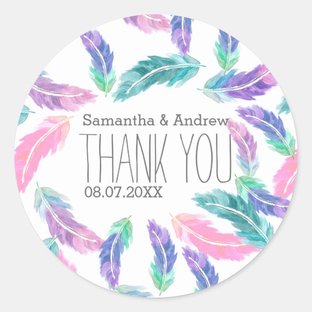 Sticker Rond Plumes d'aquarelle peinte Merci mariage (Devant)