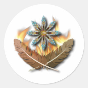 Sticker Rond plumes de faucon à queue rousse indigène et flamme