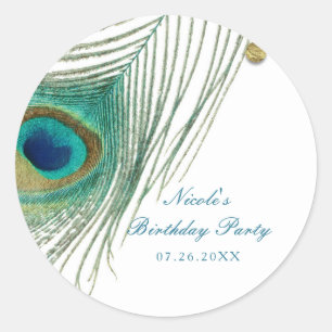 Sticker Rond Plumes de paon et points dorés Fête Boho Glam