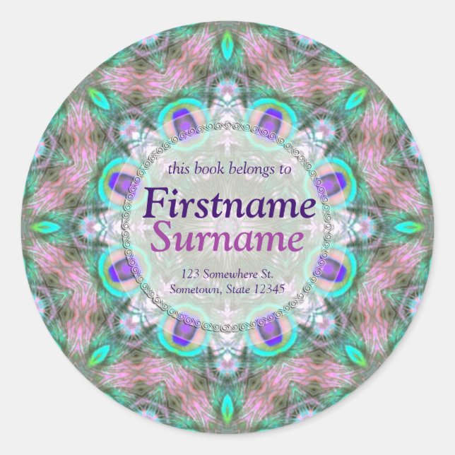 Sticker Rond Plumes de paon Plaque de mandala géométrique (Devant)