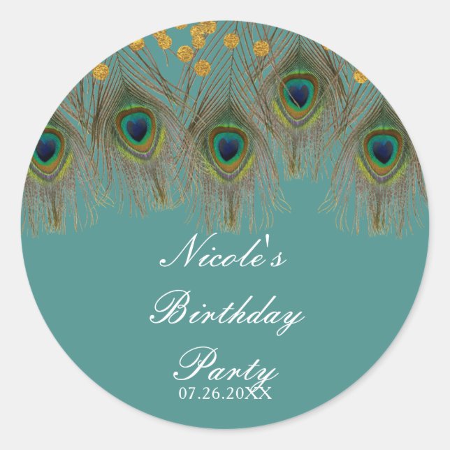 Sticker Rond Plumes de paon & points dorés FAVEUR DE PARTY TOUT (Devant)