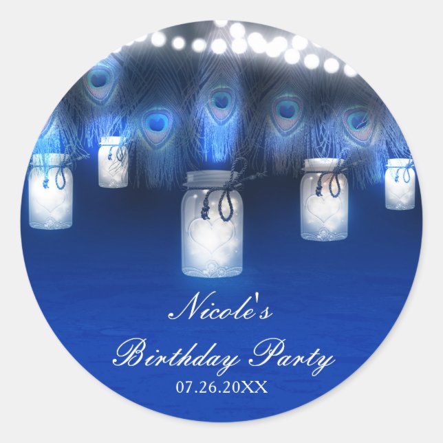 Sticker Rond Plumes de paon, pot Mason et lumières guinguette r (Devant)