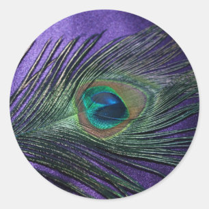 Sticker Rond Plumes de paon violet soyeux