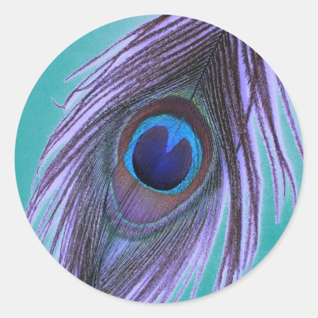 Sticker Rond Plumes de paon violet sur Turquoise (Devant)