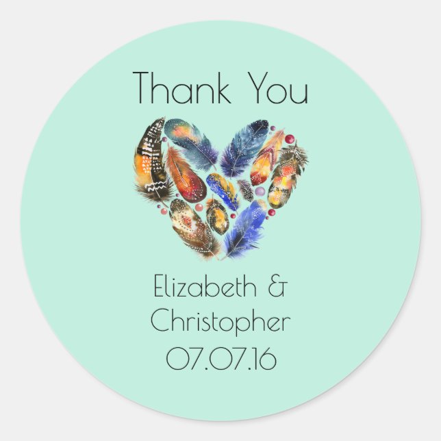 Sticker Rond Plumes En Forme De Coeur Merci Mariage (Devant)