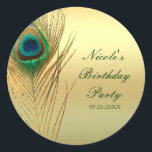 Sticker Rond Plumes Peacock Or Exotic Boho Chic Personnalisé Fa<br><div class="desc">Peacock Feather Or Exotic Boho Chic Personnalisé Stickers Favor. Customisez avec le texte que vous voulez.</div>