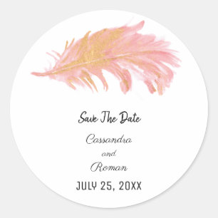 Sticker Rond Plumes rose et or Enregistrer la date
