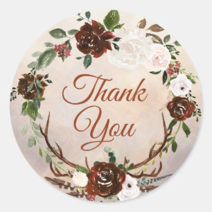 Sticker Rond Plumes rustiques de bois et fleurs florales