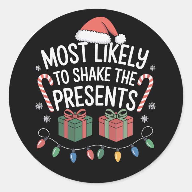 Sticker Rond Plus susceptible de secouer les cadeaux de Noël en (Devant)