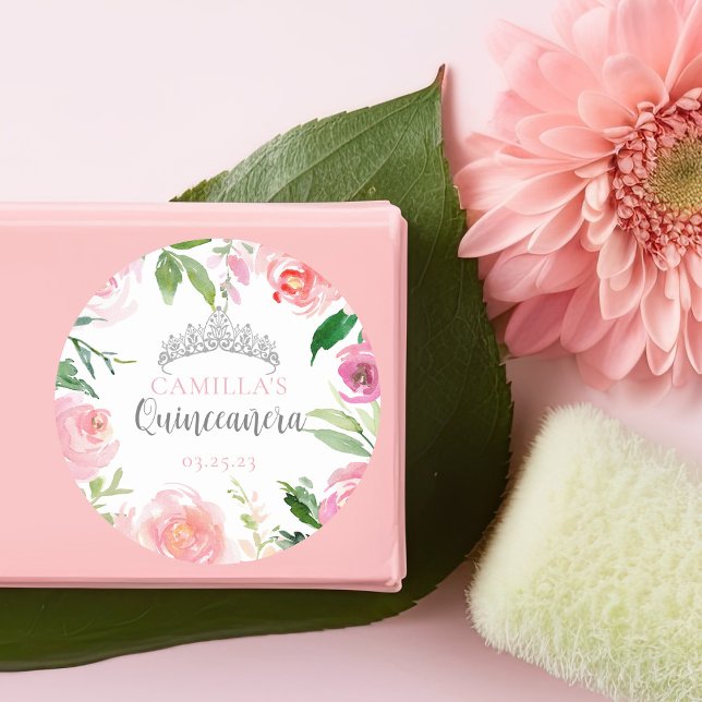Sticker Rond Plutôt rose Floral Quinceañera Silver Tiara Party (Créateur téléchargé)