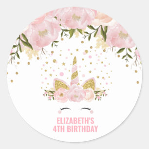 Sticker Rond Plutôt Rose Or Floral Unicorne Anniversaire Faveur