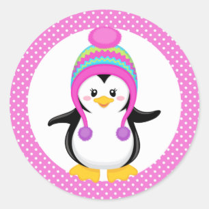 Sticker Rond Pneuka rose point hiver Pingouin fille