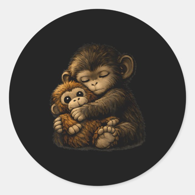 Sticker Rond Poing le singe câlinant une peluche internet (Devant)